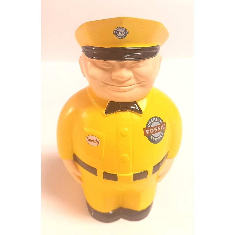 Fossil Watch Co Speedy Premium Service Man Coin Bank Yellow Vintage Promo Rare